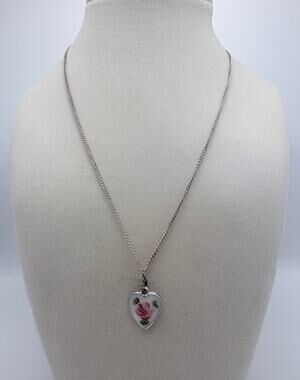 Wells Sterling Handpainted Heart Pendant on Vintage Sterling Chain